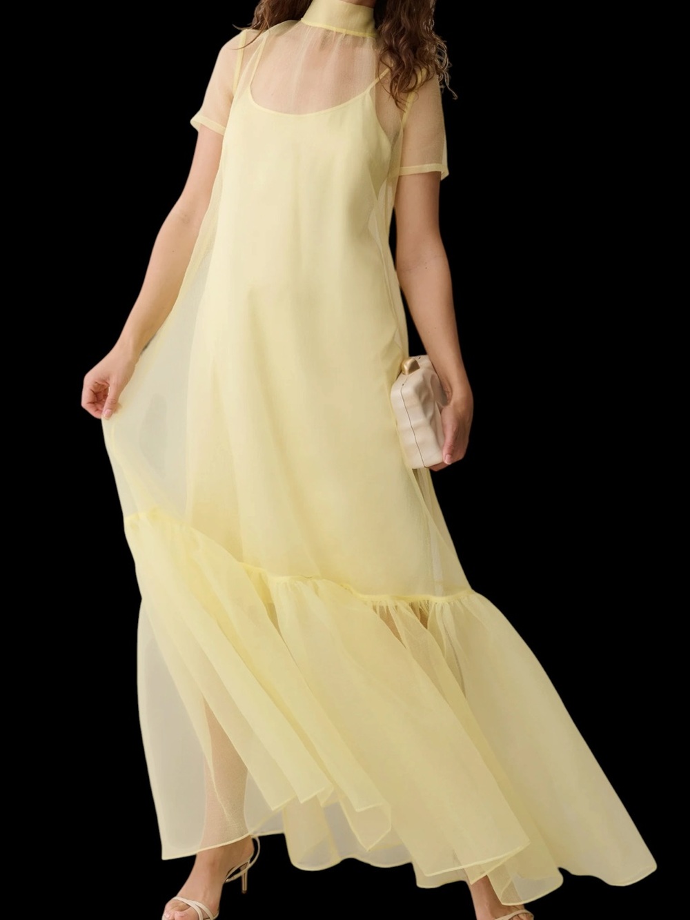 Few Moda Caara Melody Dress Maxi Pale Yellow Slip Dress Sheer Organza Overlay